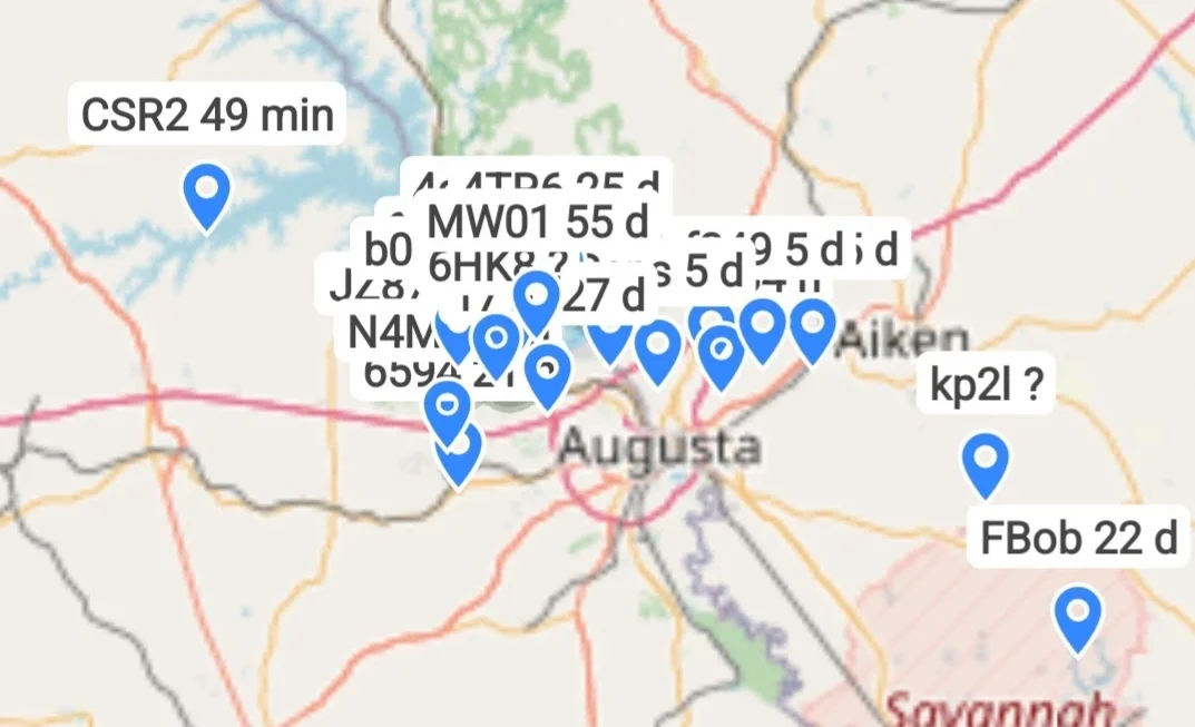Meshtastic app map showing CSRA Mesh nodes clustered between Augusta and Aiken, with outlying nodes near Lake Thurmond and the Savannah River Site