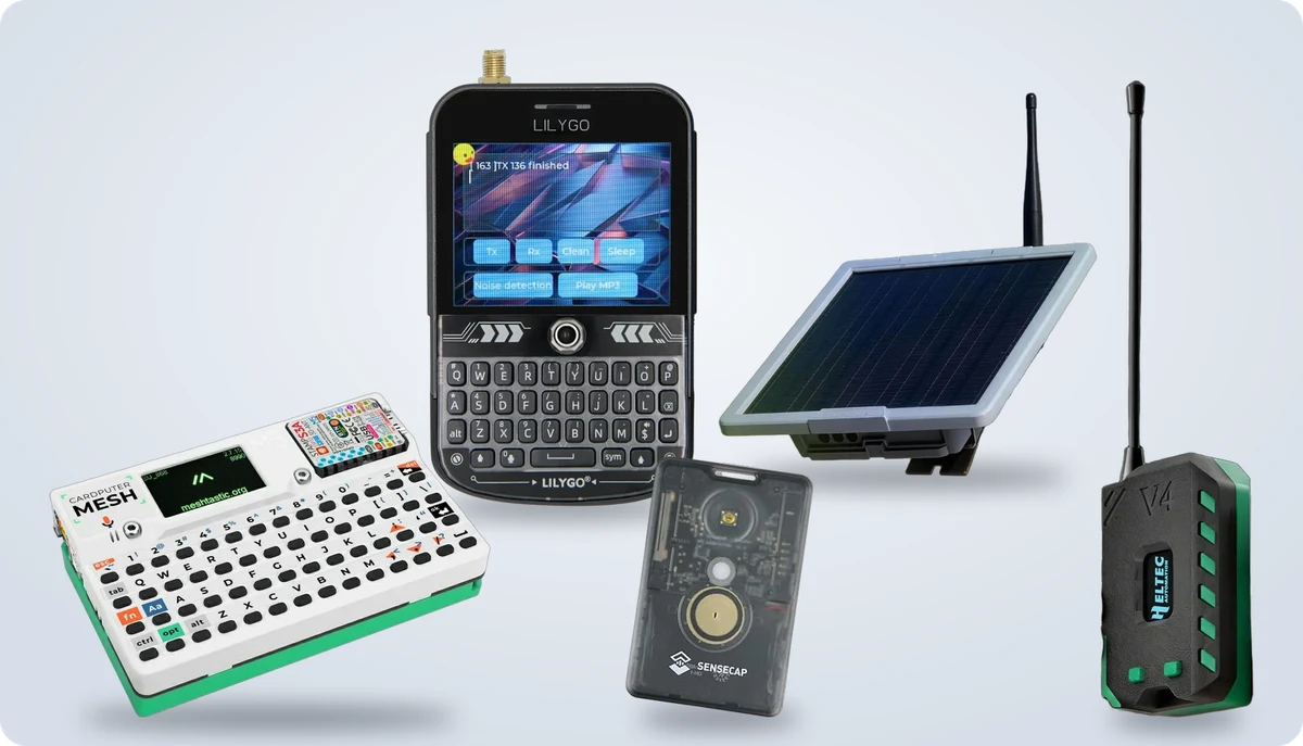 Five Meshtastic nodes: an M5Stack Cardputer, a LILYGO T-Deck, a SenseCAP card tracker, a solar-powered node with its panel and antenna, and a Heltec V4